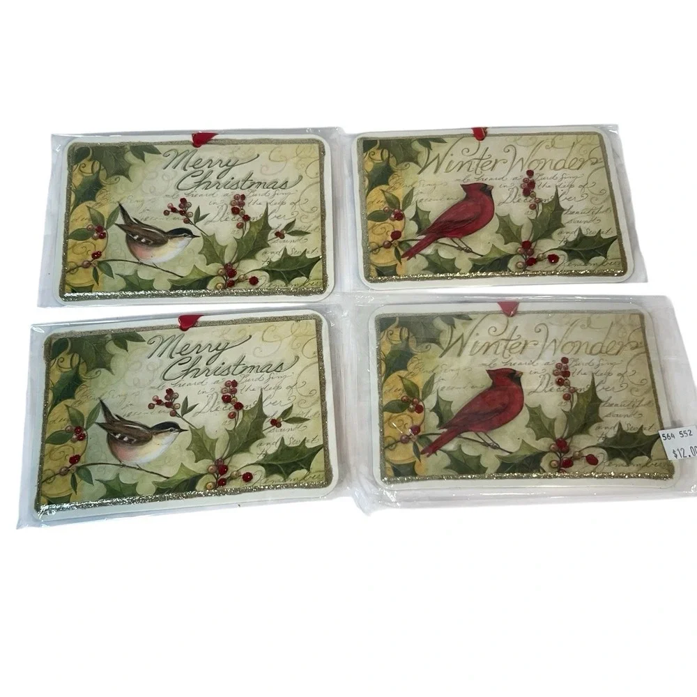 Silvestri Paper Christmas Ornaments Lot Of‎ 4 Birds Winterscape Snow Glitter NEW